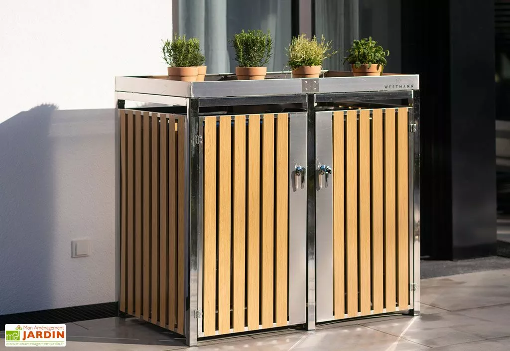 Westmann Cache Poubelle Extérieur Double Inox Imitation Bois – 2x 240 Litres 3 Westmann Cache Poubelle Extérieur Double Inox Imitation Bois – 2x 240 Litres